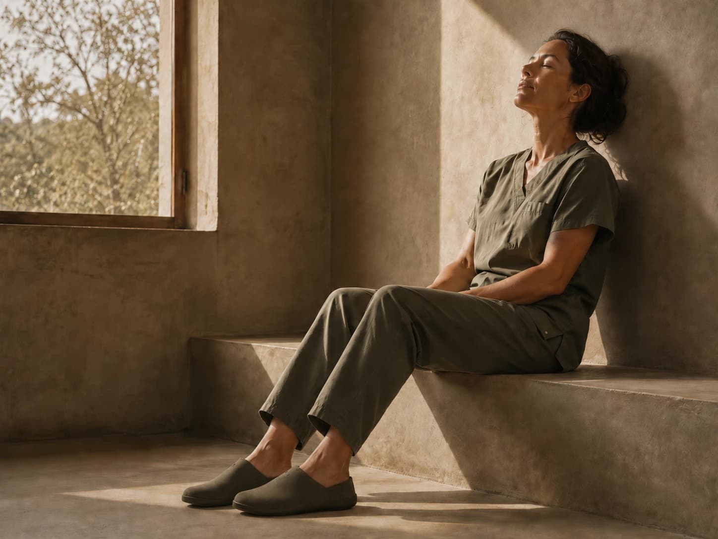 A healthcare worker in olive scrubs rests against a plaster wall with eyes closed, Inyo mules on her feet.