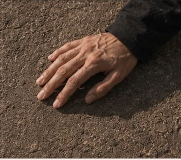 A hand resting on textured stone.