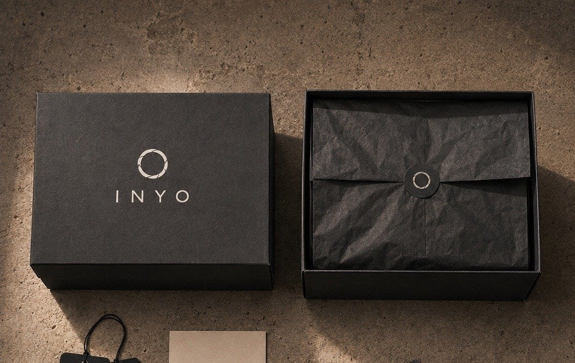 INYO packaging in warm concrete light.